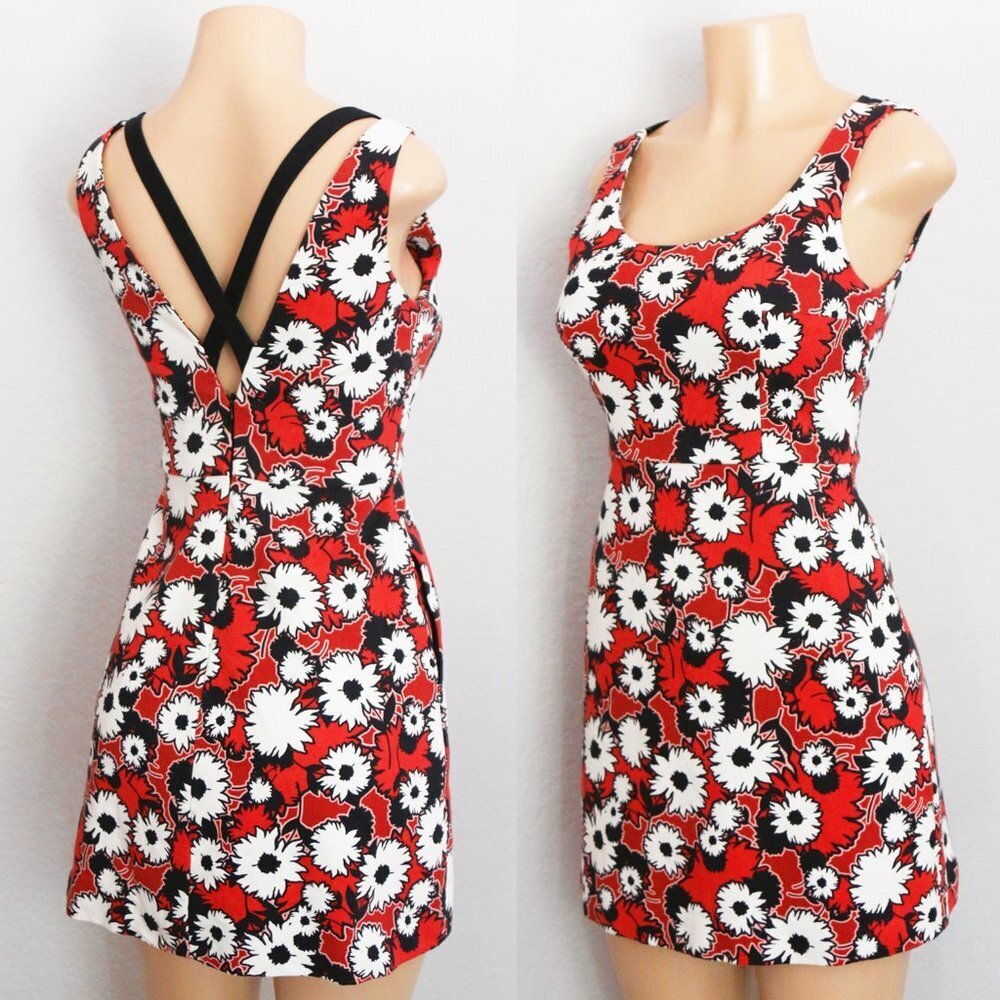 Zara Trafaluc Red Black Floral Crisscross Strap Back Mini Dress Small S Pockets